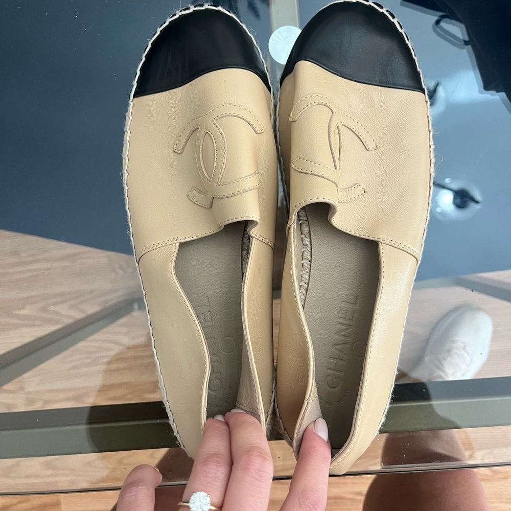 NIB Beige and Black lambskin Chanel Espadrilles.